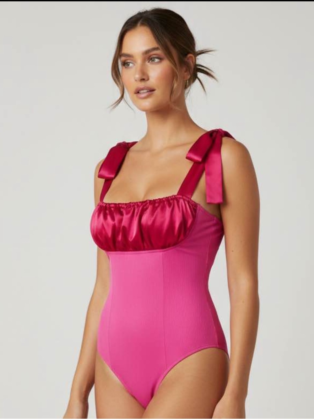 Women’s Pink One-Piece Swimsuit with Satin Bow Straps